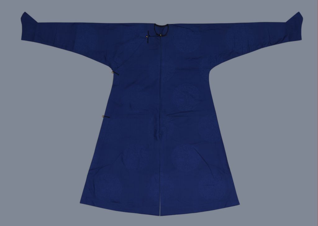 图片[1]-Blue Dark Flower Satin Regular Dress Robe-China Archive